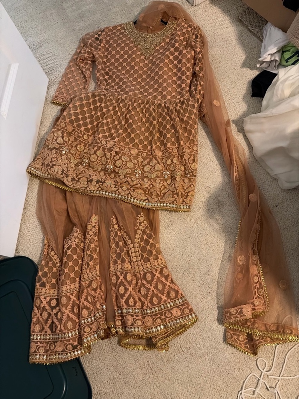 Embroidered Traditional Three-Piece Set in Warm Peach